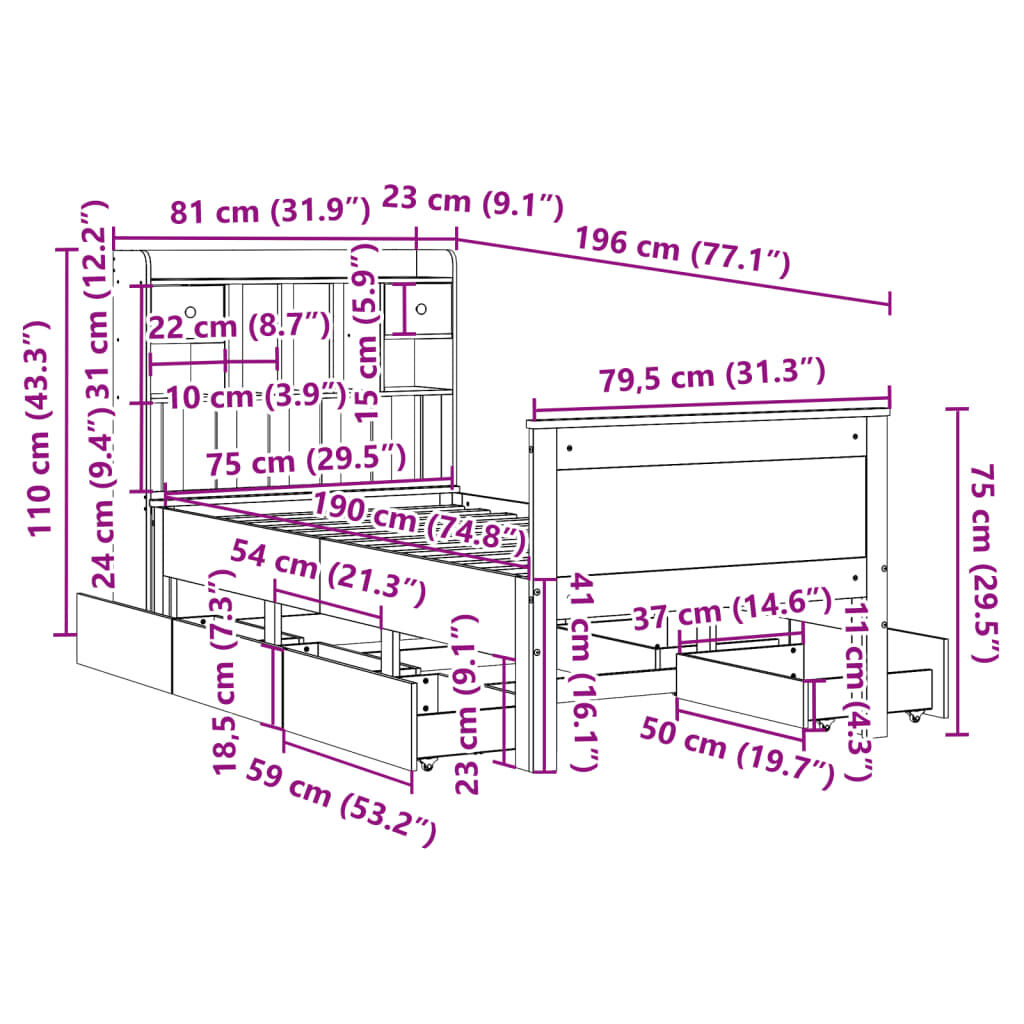 vidaXL Κρεβάτι Βιβλιοθήκη Χωρίς Στρώμα 75x190 εκ Μασίφ Ξύλο Πεύκο