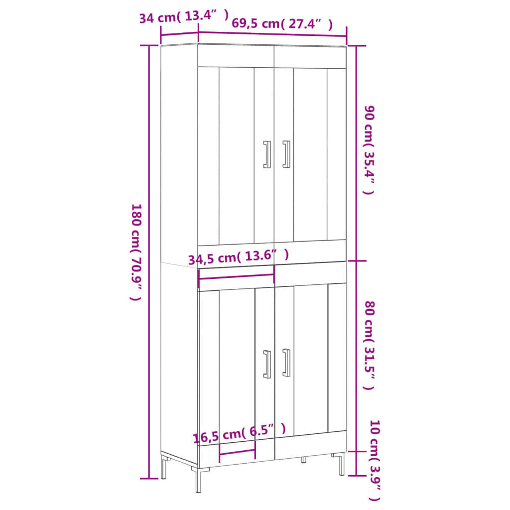 vidaXL Ντουλάπι Γκρι Σκυροδέματος 69,5x34x180 εκ. Επεξεργασμένο Ξύλο