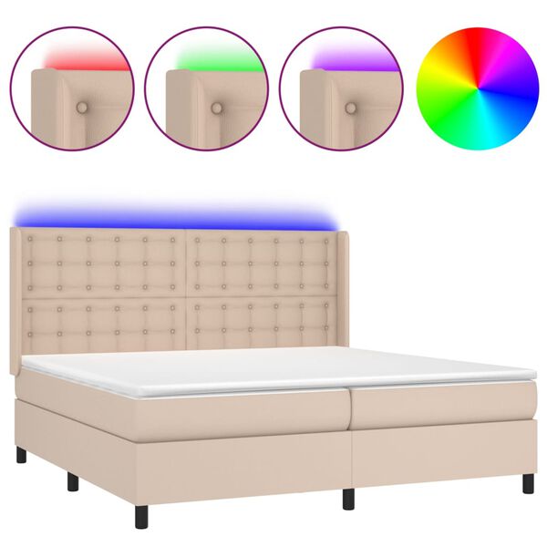 vidaXL Κρεβάτι Boxspring Στρώμα&LED Καπουτσίνο 200x200 εκ. Συνθ. Δέρμα