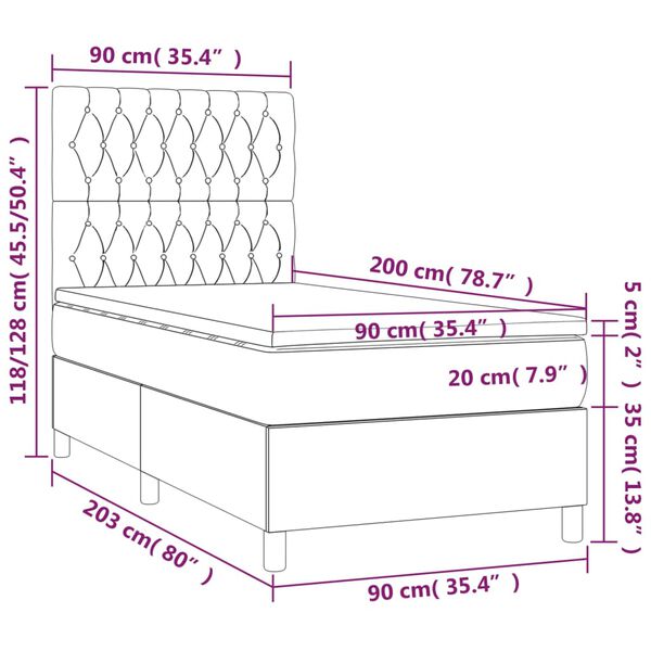 vidaXL Κρεβάτι Boxspring με Στρώμα & LED Σκ. Πράσινο 90x200 εκ Βελούδο