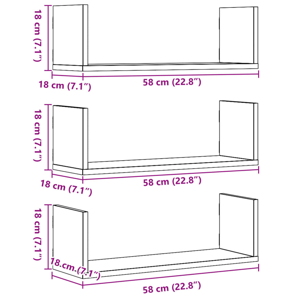 vidaXL Ραφιέρες Τοίχου 3 τεμ. Καφέ Δρυς 58x18x18εκ. Επεξεργασμένο Ξύλο