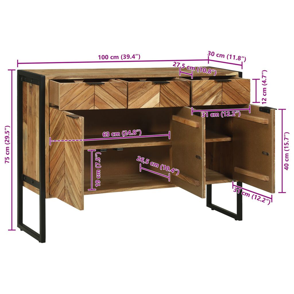 vidaXL Πλευρικός Ντούλαπας 100x30x75 cm Μασίφ Ξύλο Ακακίας