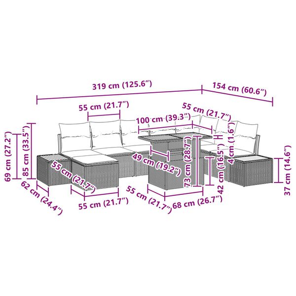 vidaXL Σετ Καναπέ Κήπου με αποθήκευση 9 pcs Μπεζ Πολυ ράταν