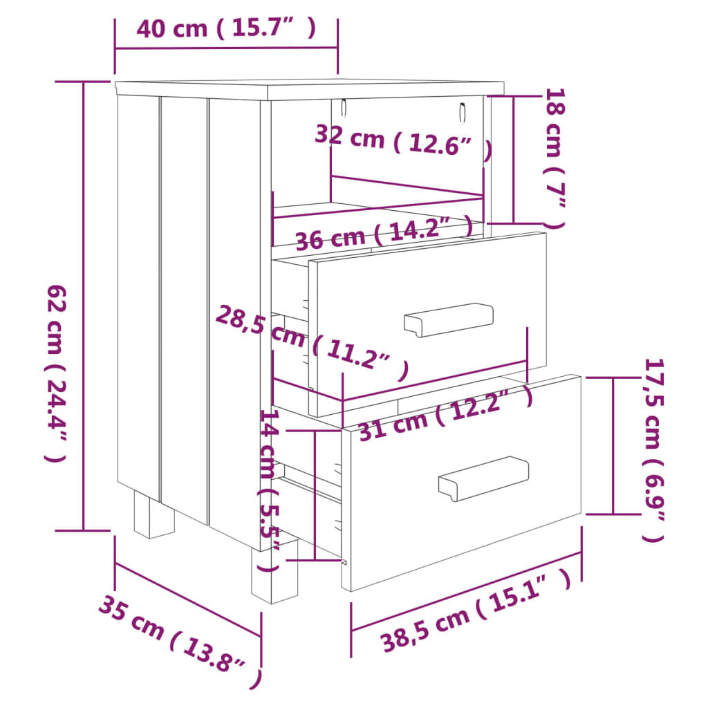 vidaXL Κομοδίνα HAMAR 2 Τεμ. Μελί 40 x 35 x 62 εκ. Μασίφ Ξύλο Πεύκου