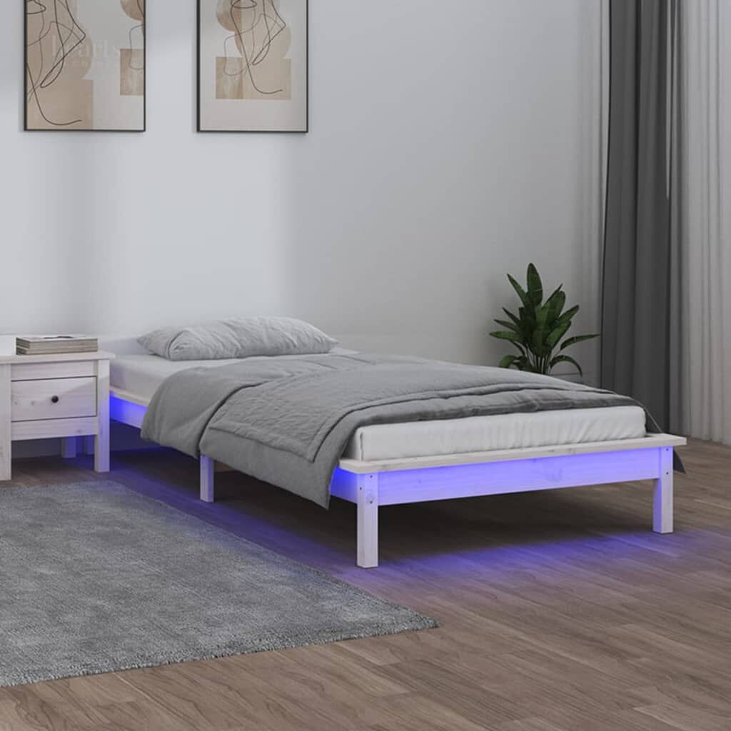 vidaXL Πλαίσιο Κρεβατιού LED Λευκό 90 x 190 εκ. Μονό Μασίφ Ξύλο