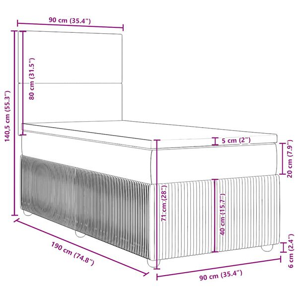 vidaXL Κρεβάτι Boxspring με Στρώμα Μαύρο 90x190 εκ.Υφασμάτινο