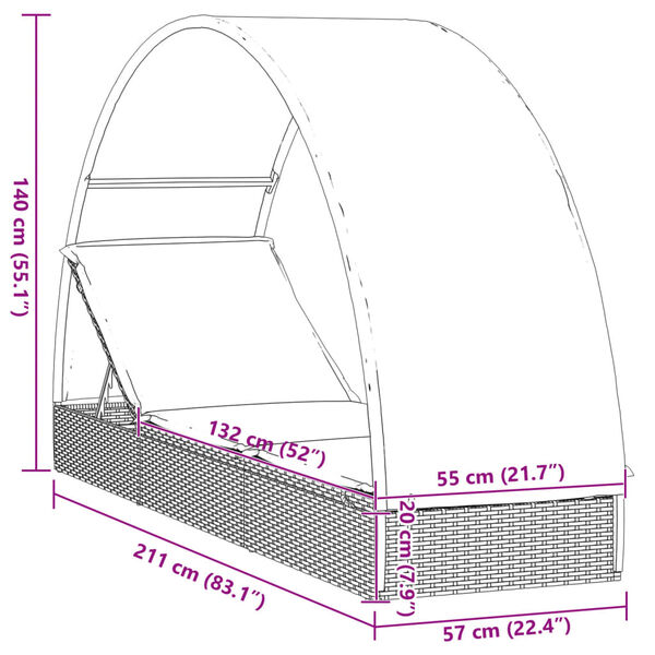 vidaXL Ξαπλώστρα Στρογγυλή Οροφή Μαύρη 211 x 57 x 140 εκ. Συνθ. Ρατάν