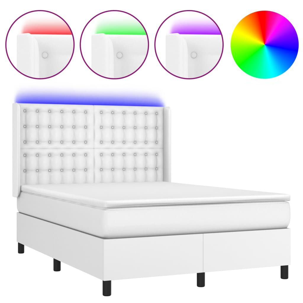 vidaXL Κρεβάτι Boxspring με Στρώμα & LED Λευκό 140x190 εκ. Συνθ. Δέρμα