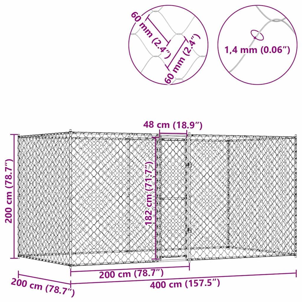 Κλουβί σκύλου Ασημί 400 x 200 x 256 εκ Επικαλυμμένος Χάλυβας