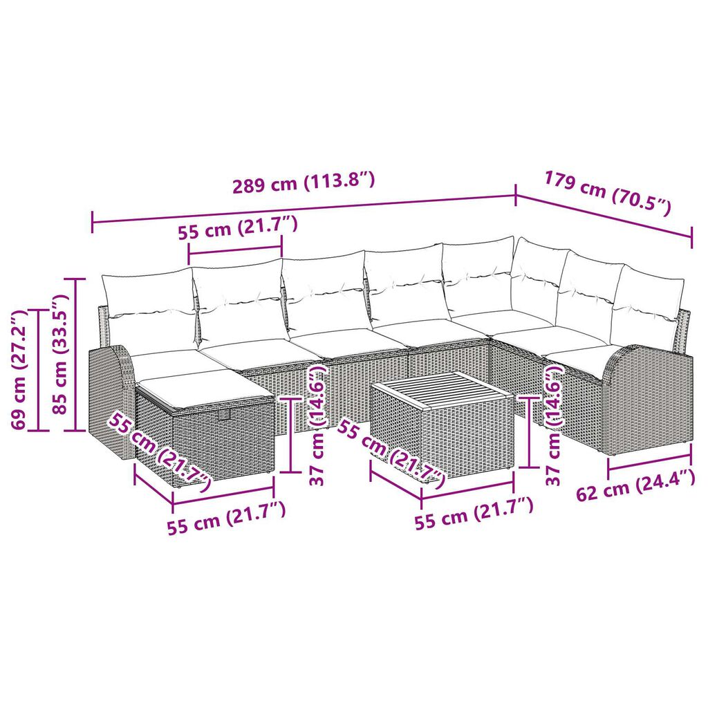 vidaXL Σετ Καναπέ Κήπου με μαξιλάρι 9 pcs Γκρι Πολυ ράταν