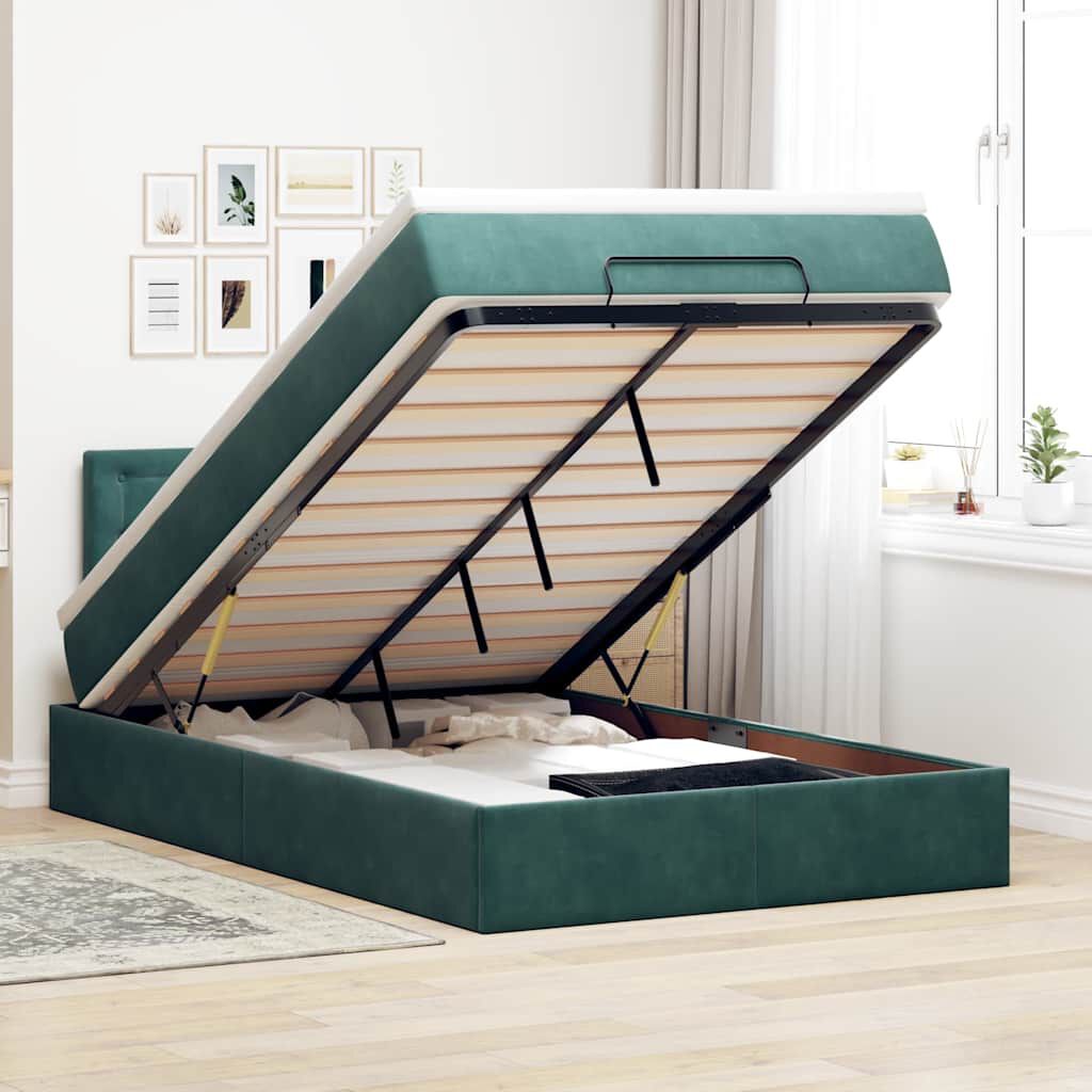 vidaXL Οθωμανικό κρεβάτι με στρώμα & LEDs Dark Green 120x200cm Velvet