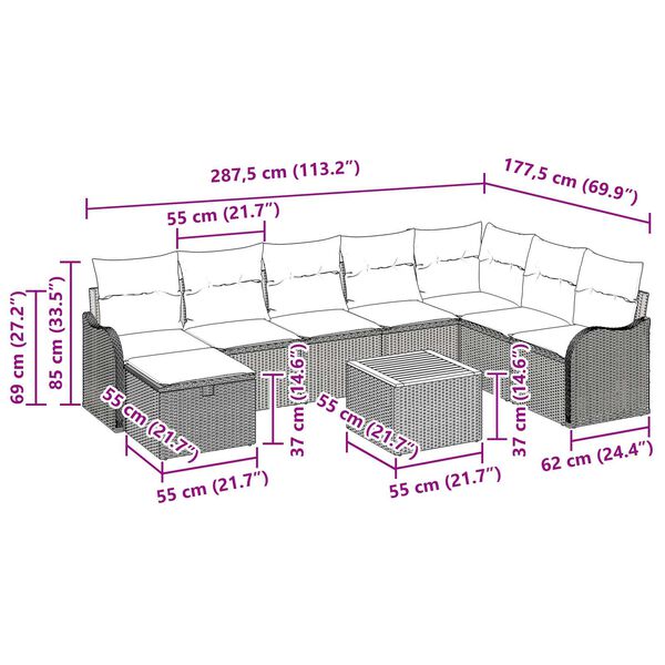 vidaXL Σετ Καναπέ Κήπου με μαξιλάρι 9 pcs Μαύρο Πολυ ράταν