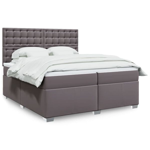 vidaXL Κρεβάτι Boxspring με Στρώμα Γκρι 200x200 εκ. Συνθετικό Δέρμα