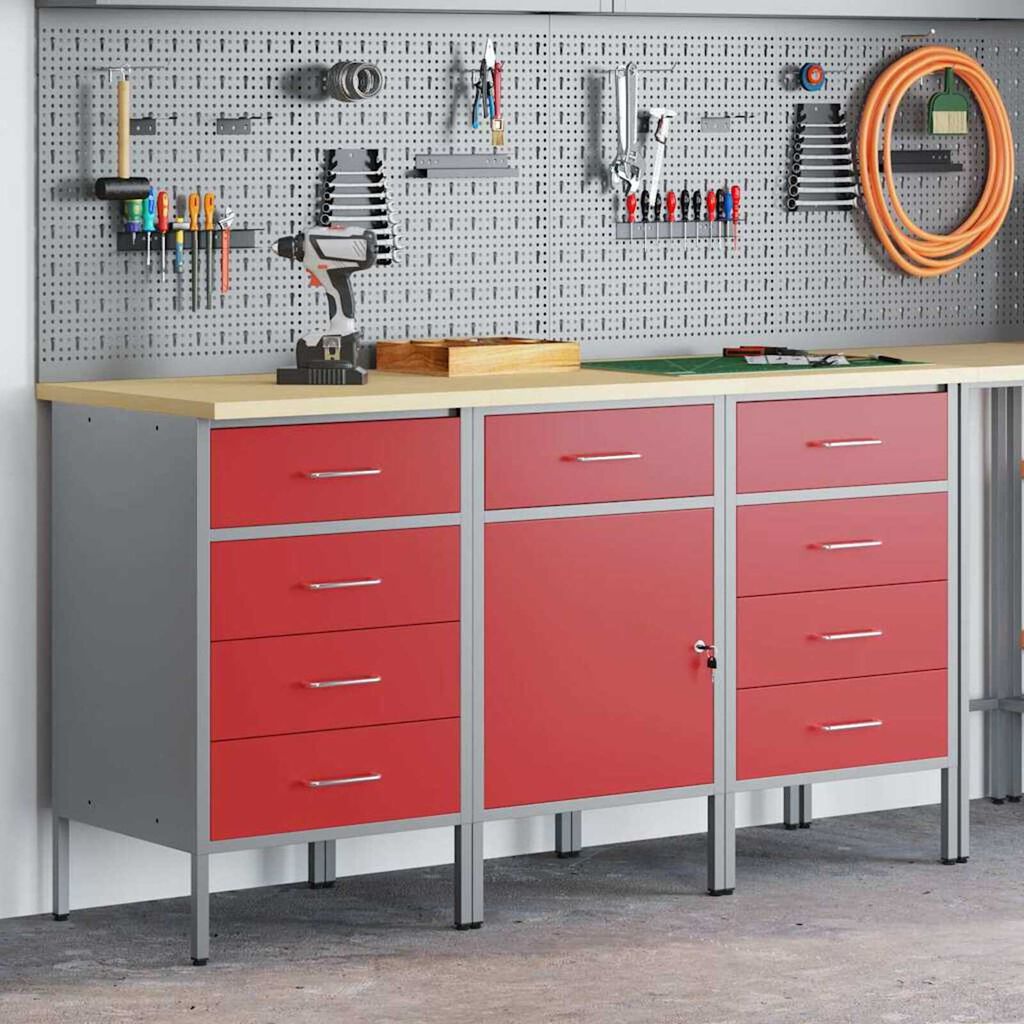 vidaXL Ντουλάπα Εργασίας 3 pcs Κόκκινο και Γκρίζο 150 x 55 x 85 εκ