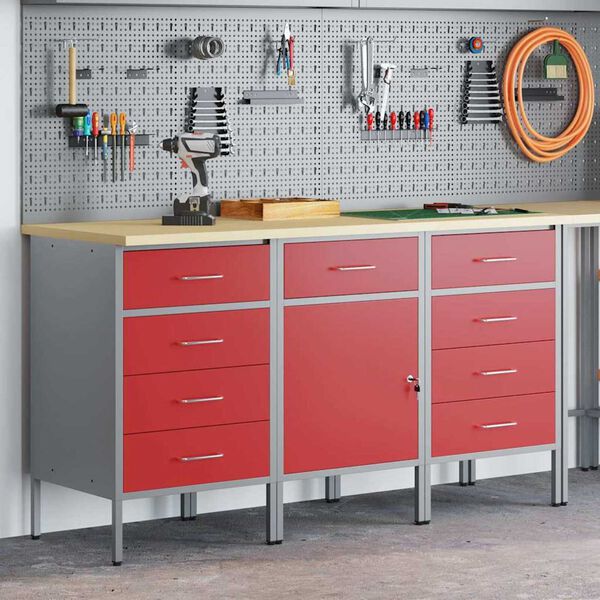 vidaXL Ντουλάπα Εργασίας 3 pcs Κόκκινο και Γκρίζο 150 x 55 x 85 εκ
