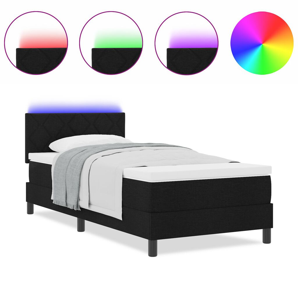 vidaXL Κρεβάτι Box Spring με Στρώμα & LED Μαύρο 90x200 cm Ύφασμα