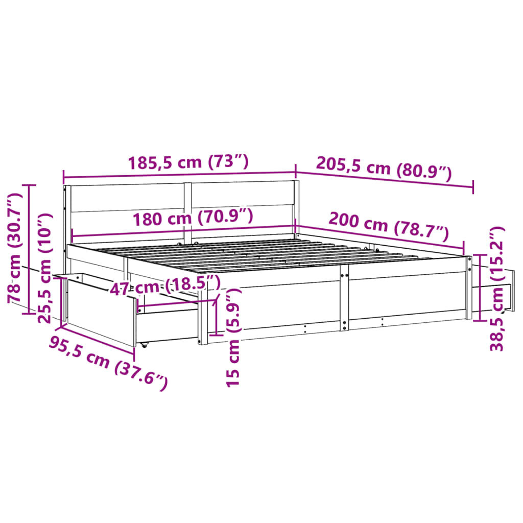 vidaXL Σκελετός Κρεβατιού Χωρίς Στρώμα 180x200 εκ Μασίφ Ξύλο Πεύκου