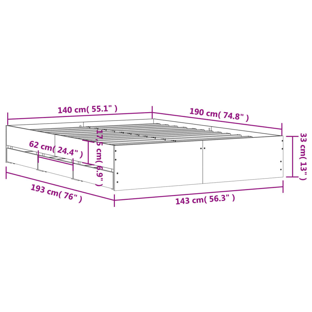 vidaXL Πλαίσιο Κρεβατιού με συρτάρια Sonoma Δρυς 140x190εκ. Επεξ. Ξύλο