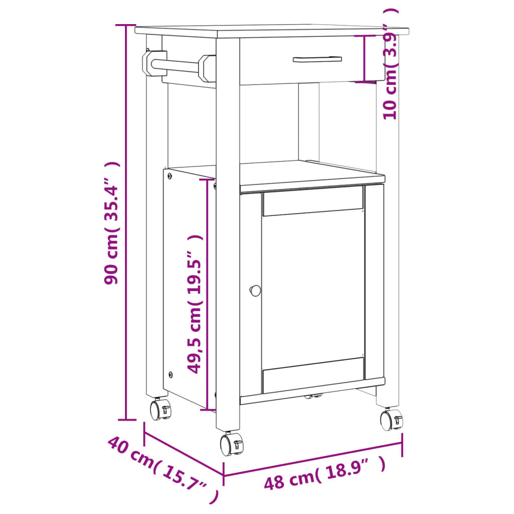vidaXL Τρόλεϊ Κουζίνας MONZA 48x40x90 εκ. από Μασίφ Ξύλο Πεύκου