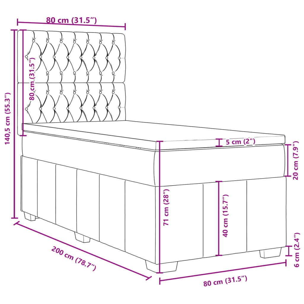 vidaXL Κρεβάτι Boxspring με Στρώμα Μαύρο 80 x 200 εκ. Υφασμάτινο
