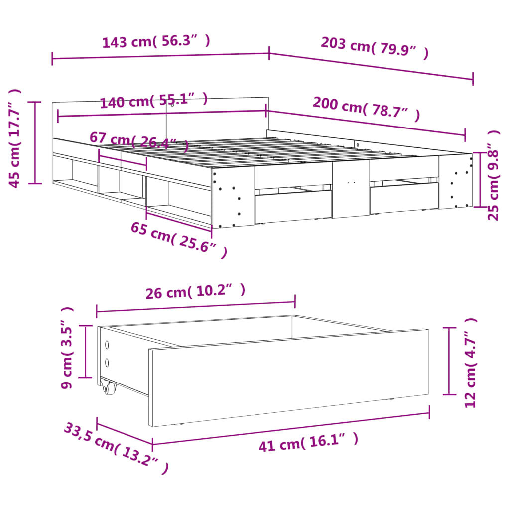 vidaXL Πλαίσιο Κρεβατιού με Συρτάρια Μαύρο 140x200 εκ Επεξεργ. Ξύλο