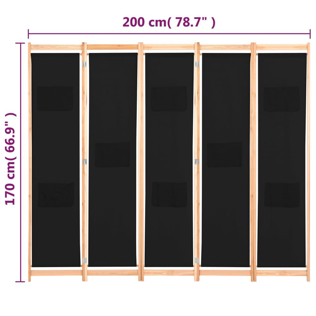 vidaXL Διαχωριστικό Δωματίου με 5 Πάνελ Μαύρο 200x170x4 εκ. Υφασμάτινο