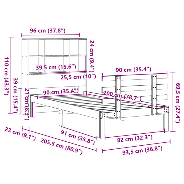 vidaXL Κρεβάτι Βιβλιοθήκη Χωρίς Στρώμα 90x200 εκ. Μασίφ Ξύλο Πεύκου