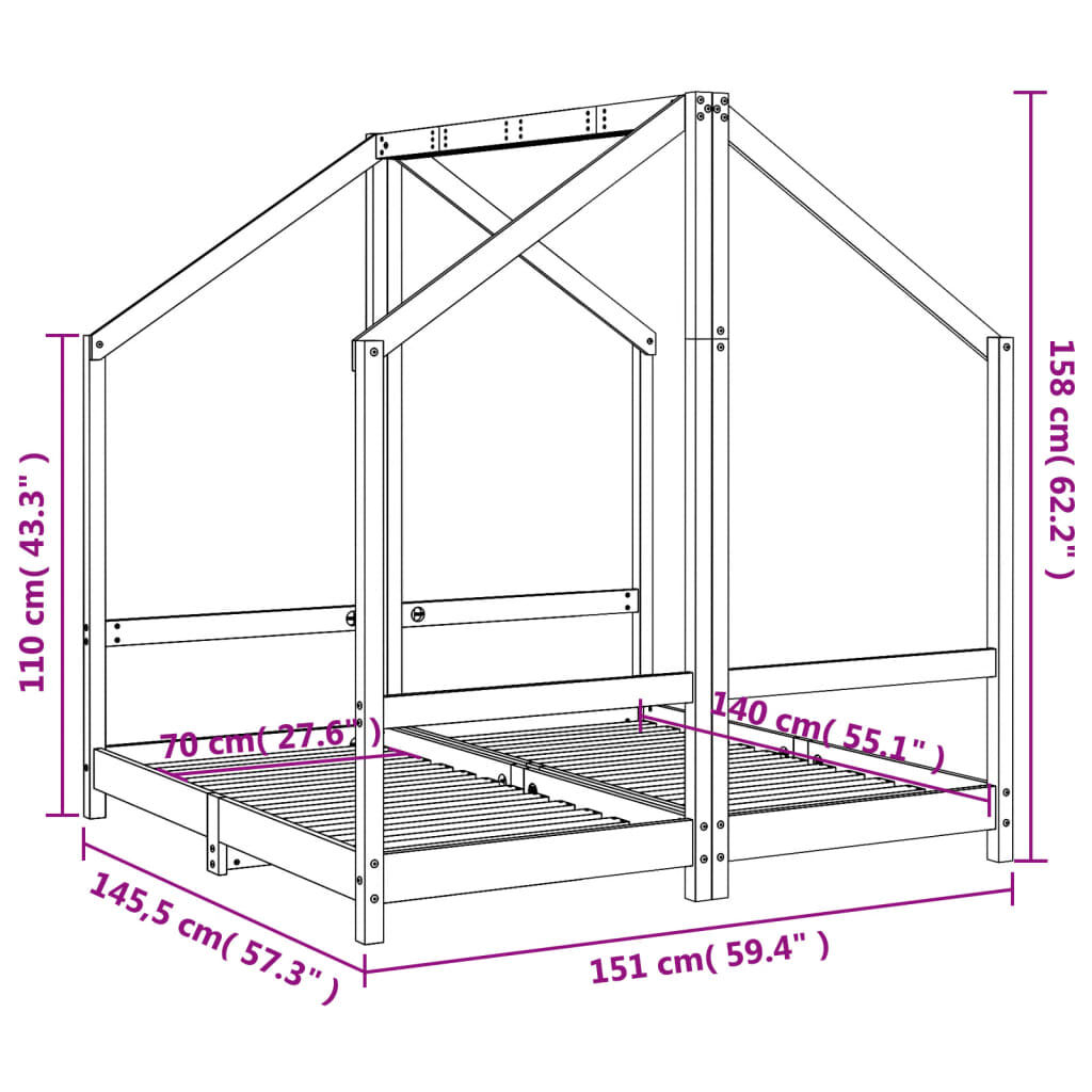 vidaXL Πλαίσιο Παιδικού Κρεβατιού 2x(70x140)εκ. Μασίφ Ξύλο Πεύκου