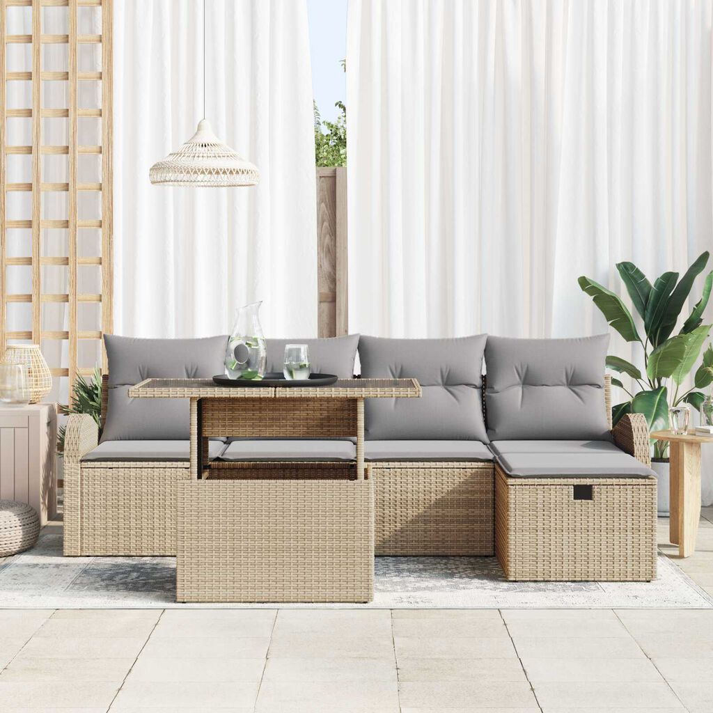 vidaXL Σετ Καναπέ Κήπου με μαξιλάρι 6 pcs Μπεζ Πολυ ράταν