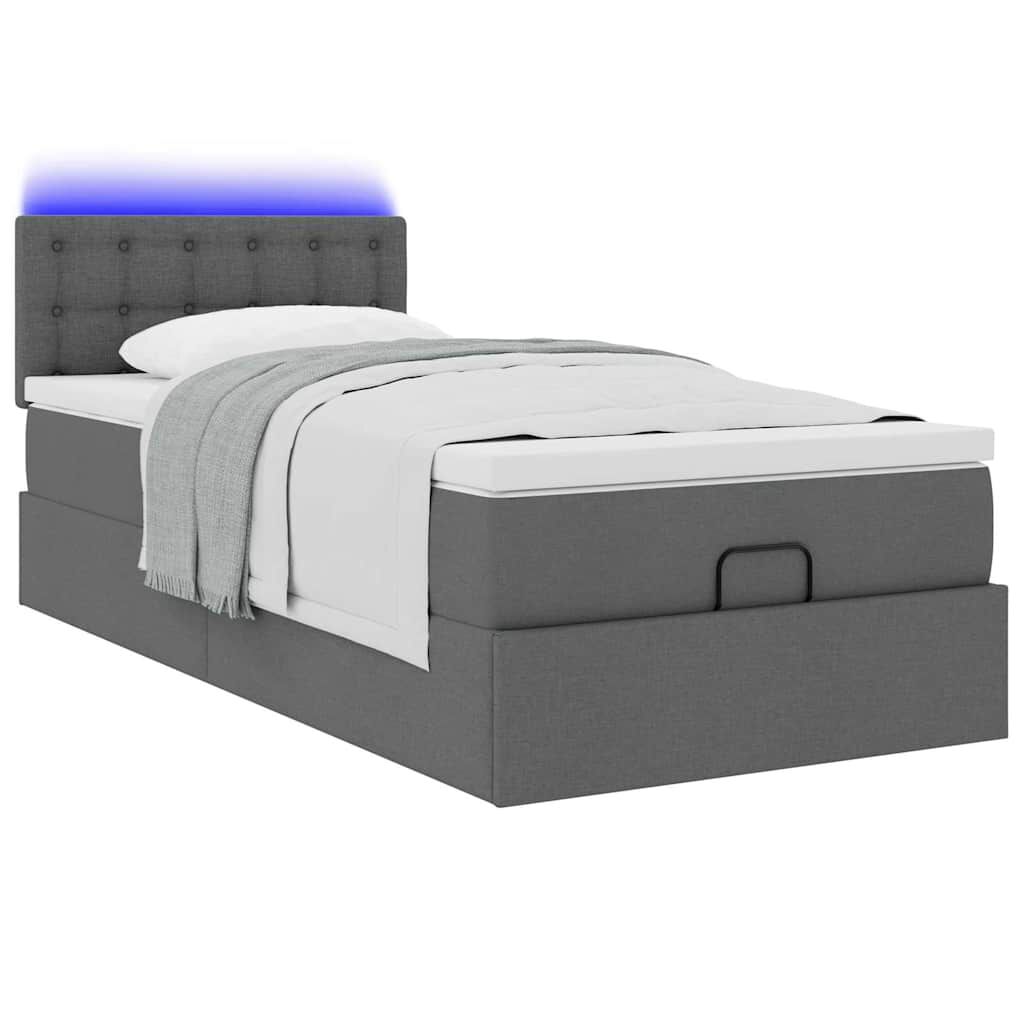 vidaXL Οθωμανικό κρεβάτι με στρώμα & LEDs Σκούρο γκρι 90x200 cm Ύφασμα