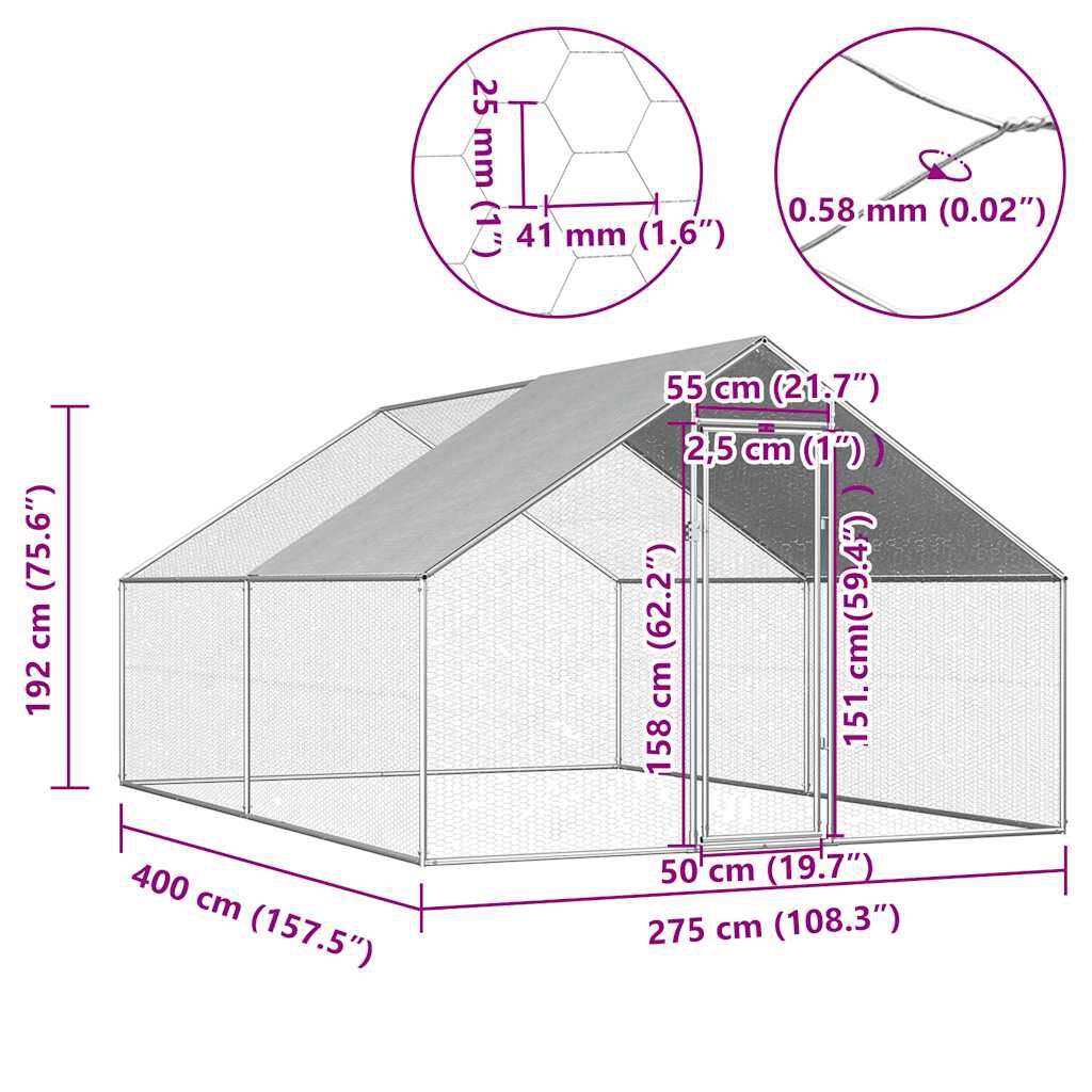 vidaXL Κοτέτσι - Κλουβί Εξωτ.Χώρου 2,75x4x1,92 μ. από Γαλβανισμένο Χάλυβα