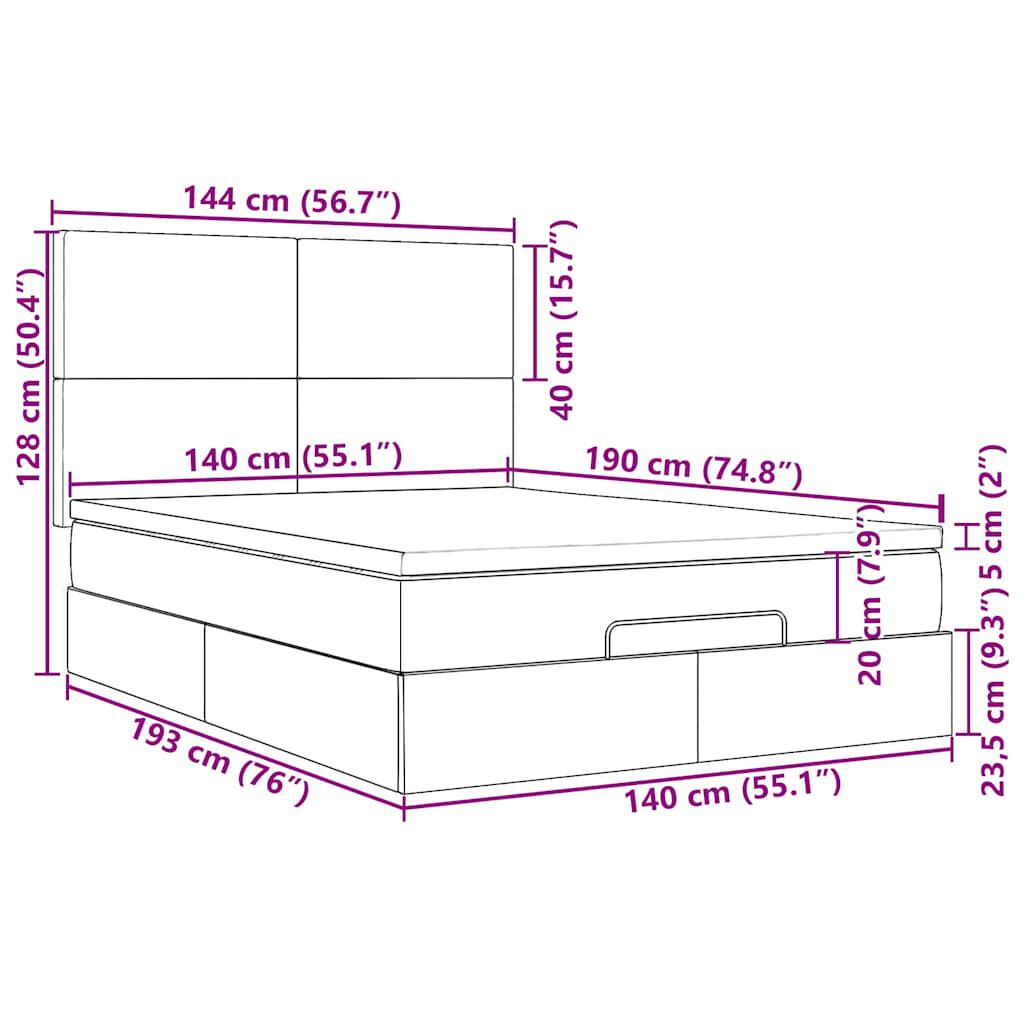 vidaXL Οθωμανικό κρεβάτι με στρώμα & LEDs Cream 140x190cm Ύφασμα