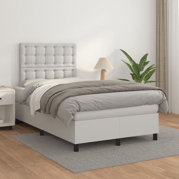 vidaXL Κρεβάτι Boxspring με Στρώμα Λευκό 120x190εκ.από Συνθετικό Δέρμα