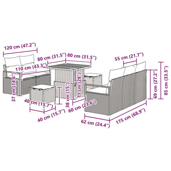 vidaXL Σετ Καναπέ Κήπου με μαξιλάρι 8 pcs Μαύρο 80 x 80 x 71 cm