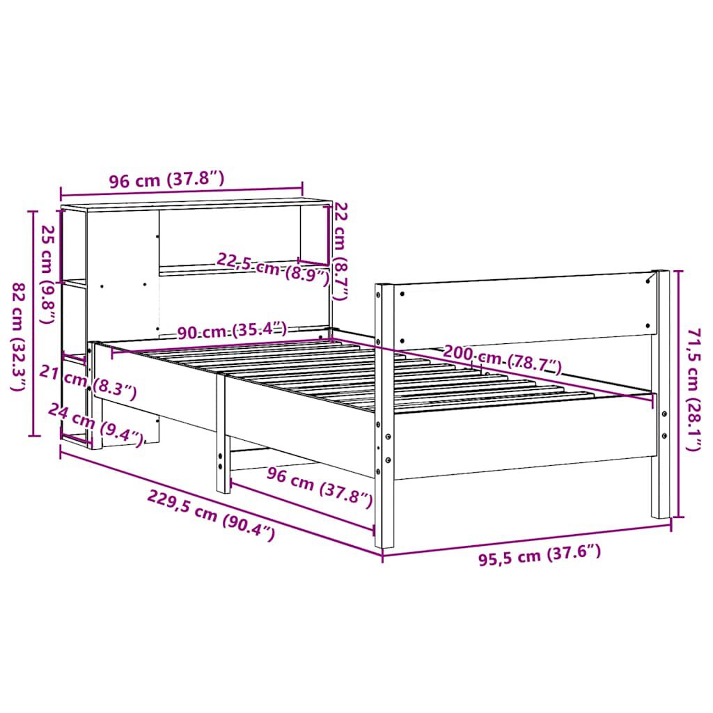 vidaXL Κρεβάτι Βιβλιοθήκη Χωρίς Στρώμα 90x200 εκ. Μασίφ Ξύλο Πεύκου