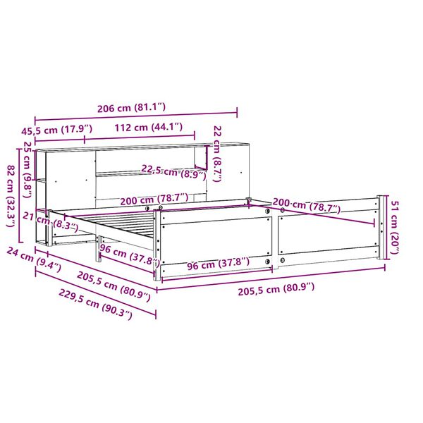vidaXL Κρεβάτι Βιβλιοθήκη Χωρίς Στρώμα 200x200 εκ Μασίφ Ξύλο Πεύκου