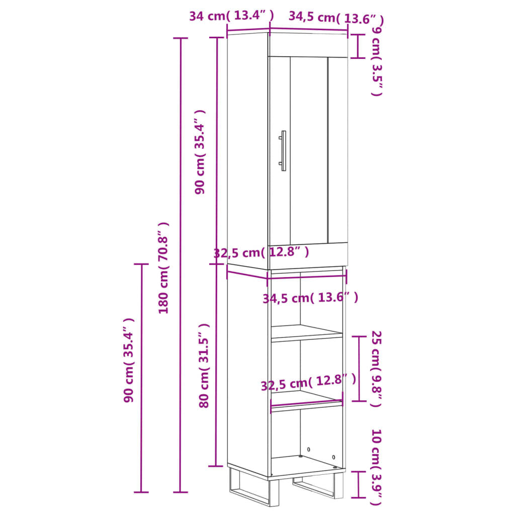 vidaXL Ντουλάπι Καφέ Δρυς 34,5 x 34 x 180 εκ. από Επεξεργασμένο Ξύλο