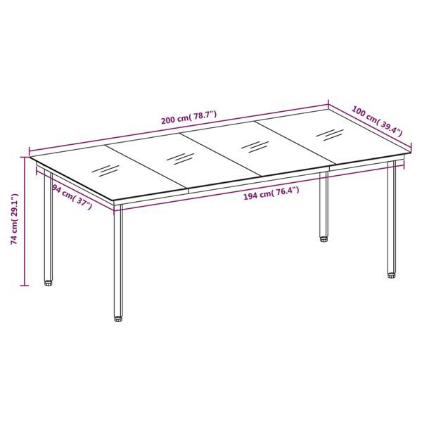 vidaXL Τραπεζαρία Κήπου Μαύρη 200 x 100 x 74 εκ. από Ατσάλι και Γυαλί
