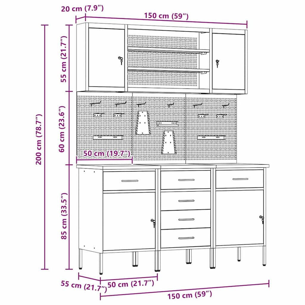 vidaXL Πάγκος εργασίας με συρτάρι 7 pcs Μαύρο 150 x 55 x 200 εκ Ατσάλι