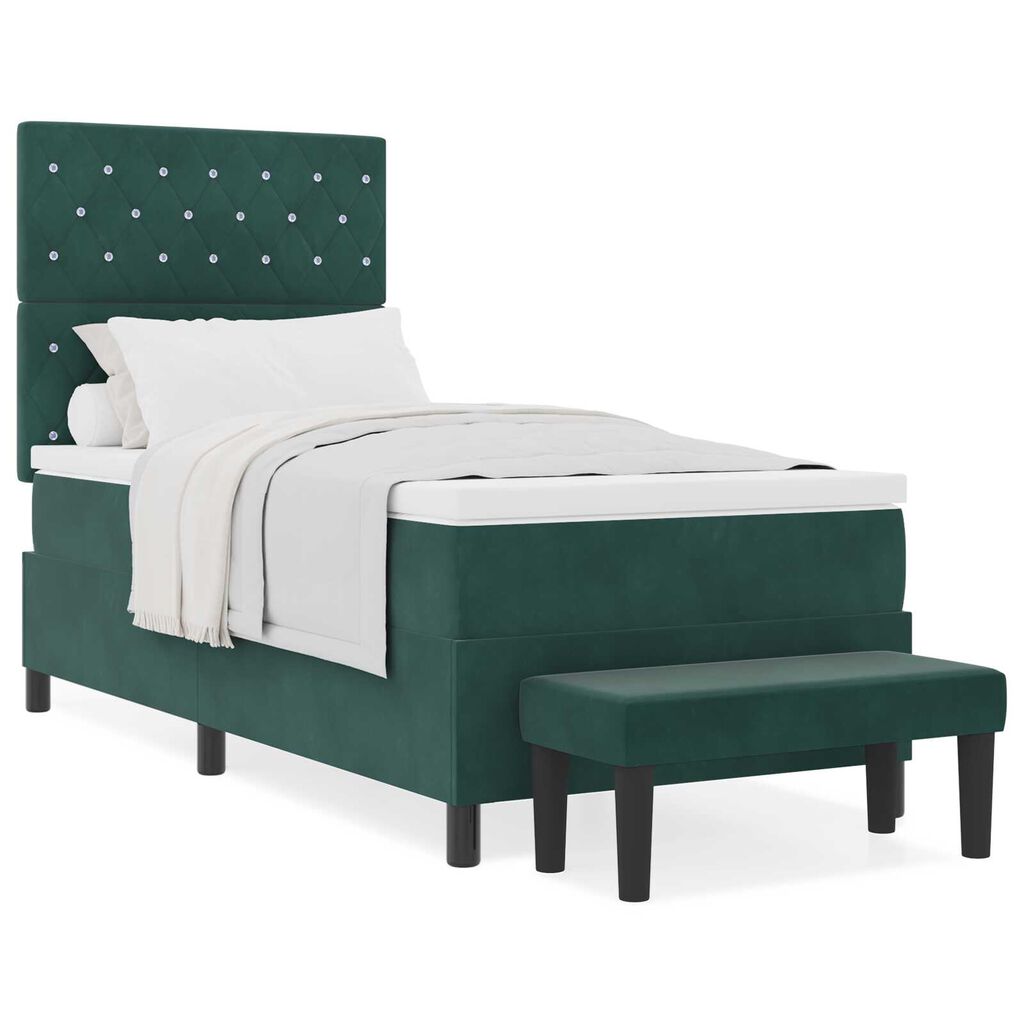 vidaXL Κρεβάτι Box Spring με Στρώμα & Παγκάκι Σκούρο Πράσινο 90x190 εκ. Βελούδο
