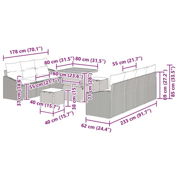 vidaXL Σετ Καναπέ Κήπου με μαξιλάρι 10 pcs Μαύρο 80 x 80 x 71 cm