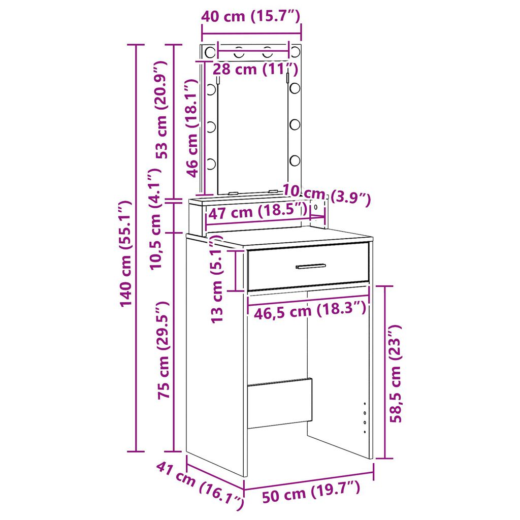 vidaXL Τραπέζι με LED Φώτα Δρυς Artisan 50x41x140 εκ.