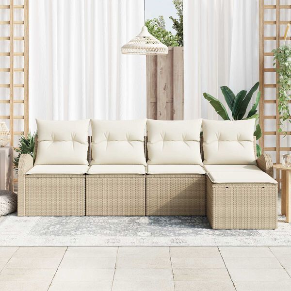 vidaXL Σετ Καναπέ Κήπου με μαξιλάρι 5 pcs Μπεζ και λευκό Πολυ ράταν