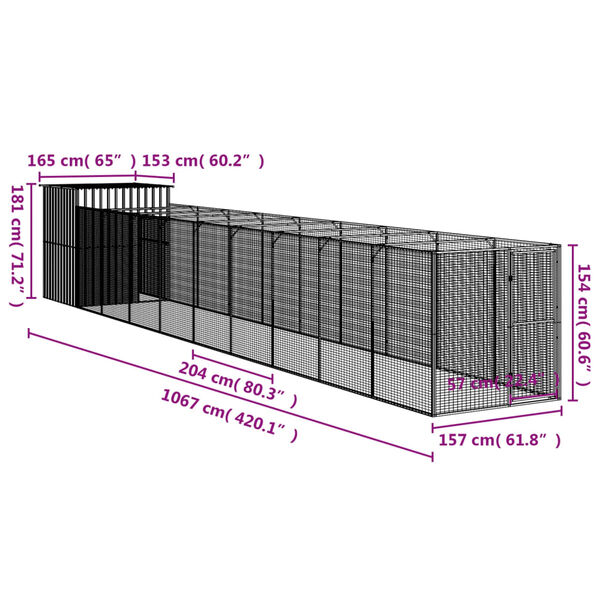 vidaXL Σπιτάκι Σκύλου με Αυλή Ανθρακί 165x1067x181 εκ. Γαλβαν. Χάλυβας