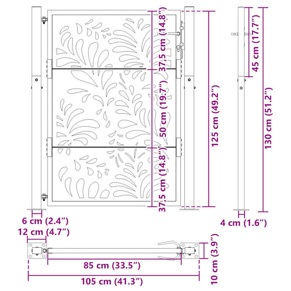 vidaXL Πύλη κήπου Μαύρη 105x130 cm Ατσάλινο σχέδιο κύματος