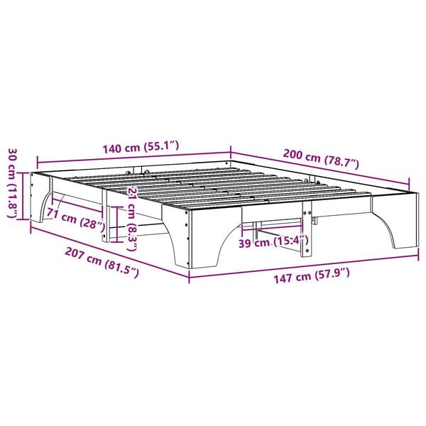vidaXL Κρεβάτι Φυσικό Μασίφ ξύλο πεύκου 140 x 200 cm Ανθεκτικό Κρεβάτι