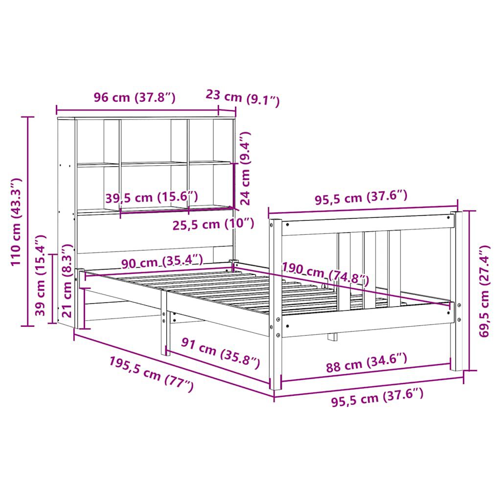 vidaXL Κρεβάτι Βιβλιοθήκη Χωρίς Στρώμα 90x190 εκ Μασίφ Ξύλο Πεύκου