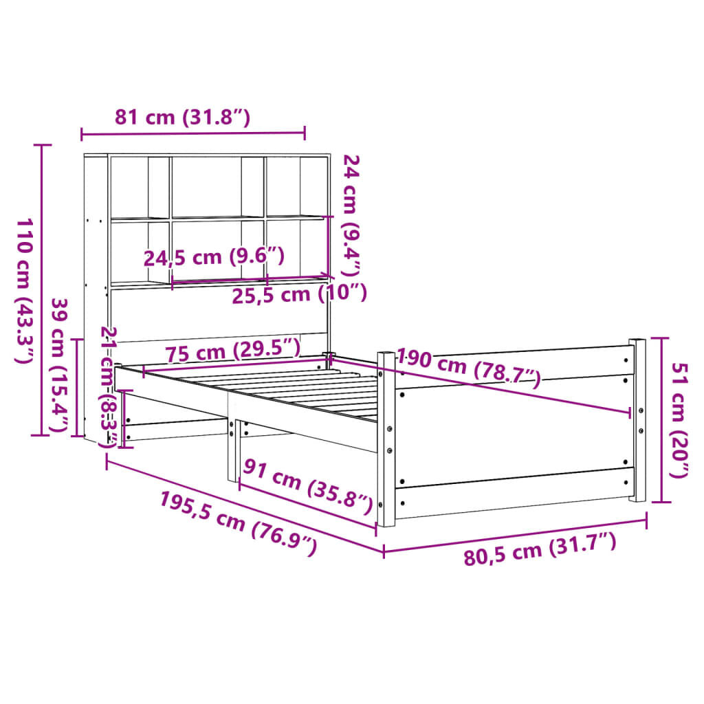 vidaXL Κρεβάτι Βιβλιοθήκη Χωρίς Στρώμα 75x190 εκ Μασίφ Ξύλο Πεύκο