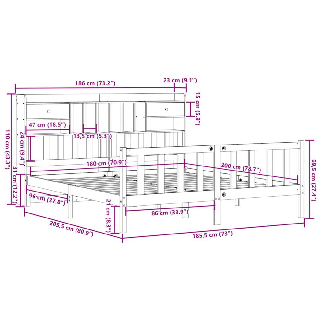 vidaXL Κρεβάτι Βιβλιοθήκη Χωρίς Στρώμα 180x200 εκ Μασίφ Ξύλο Πεύκου