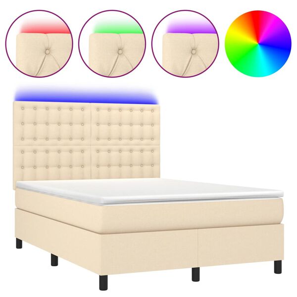 vidaXL Κρεβάτι Boxspring με Στρώμα & LED Κρεμ 140x200 εκ. Υφασμάτινο